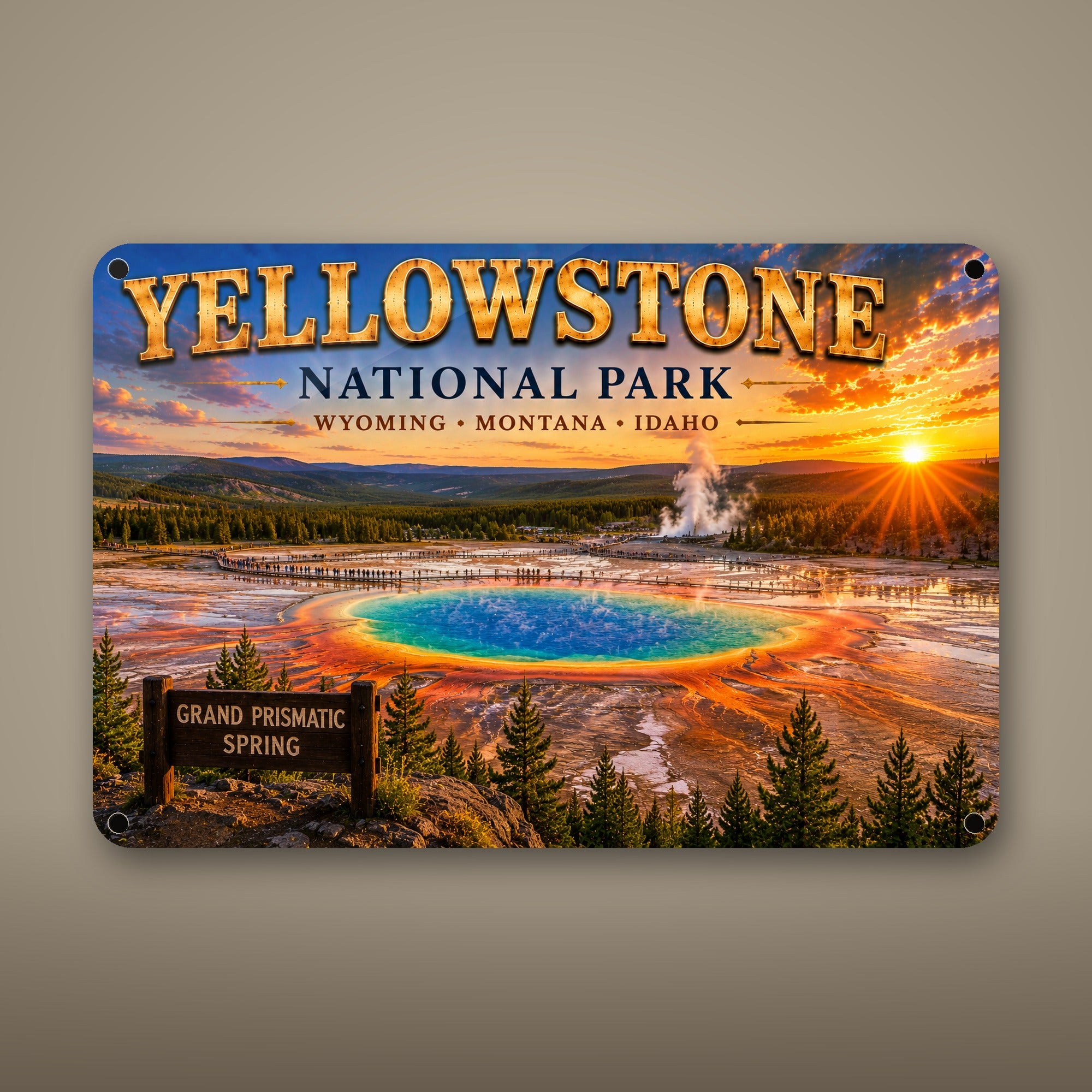 Yellowstone National Park Sign, Grand Prismatic Spring Metal Wall Art, Wyoming, Montana & Idaho Aluminum Vintage Travel Poster Gift