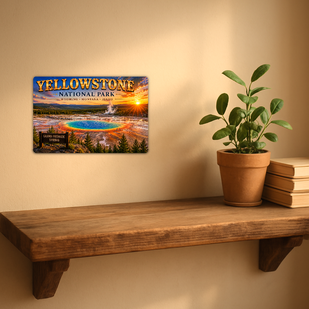 Sign showing Yellowstone Grand Prismatic lettering and a rainbow-colored hot spring, displayed on a warm beige wall above a rustic shelf with a potted plant and books.