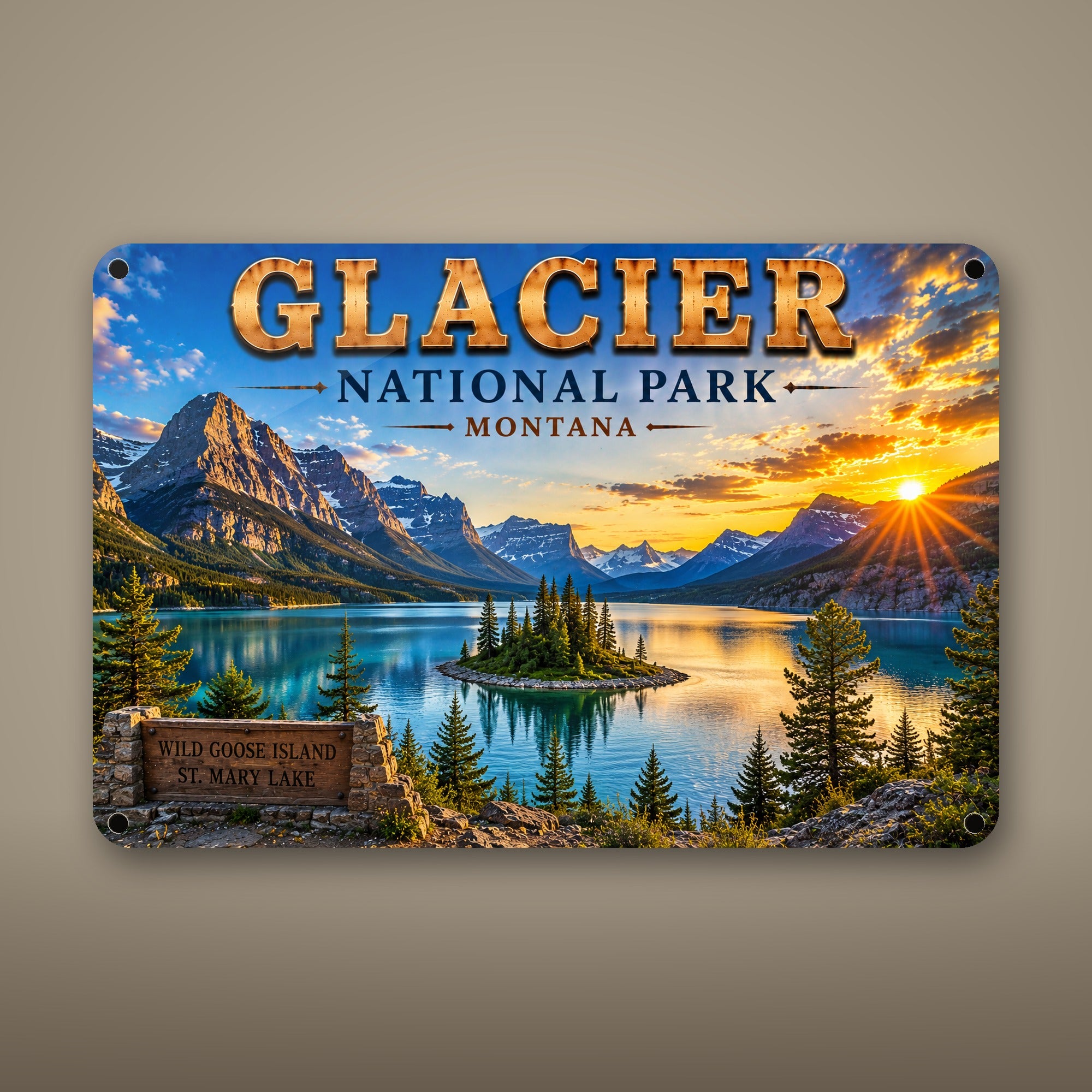 Glacier National Park Sign, Wild Goose Island, St. Mary Lake Metal Wall Art, Montana Aluminum Vintage Travel Poster Gift