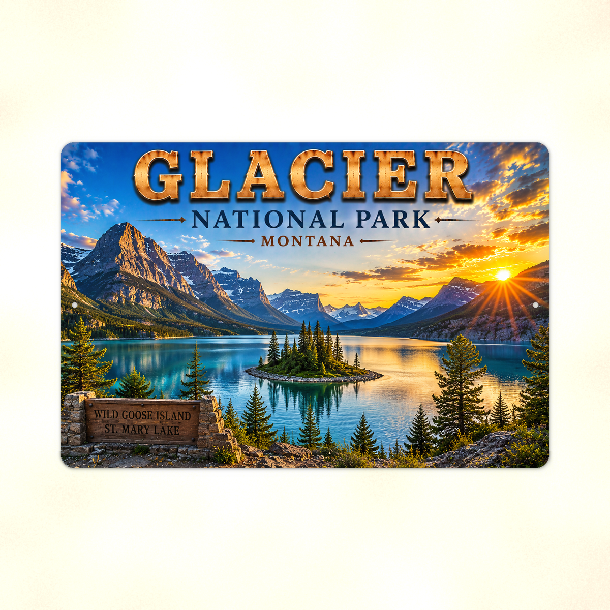 Full view of the sign showing Glacier Wild Goose Island St Mary Lake lettering and a pine-covered island in a mountain lake against a pale background.