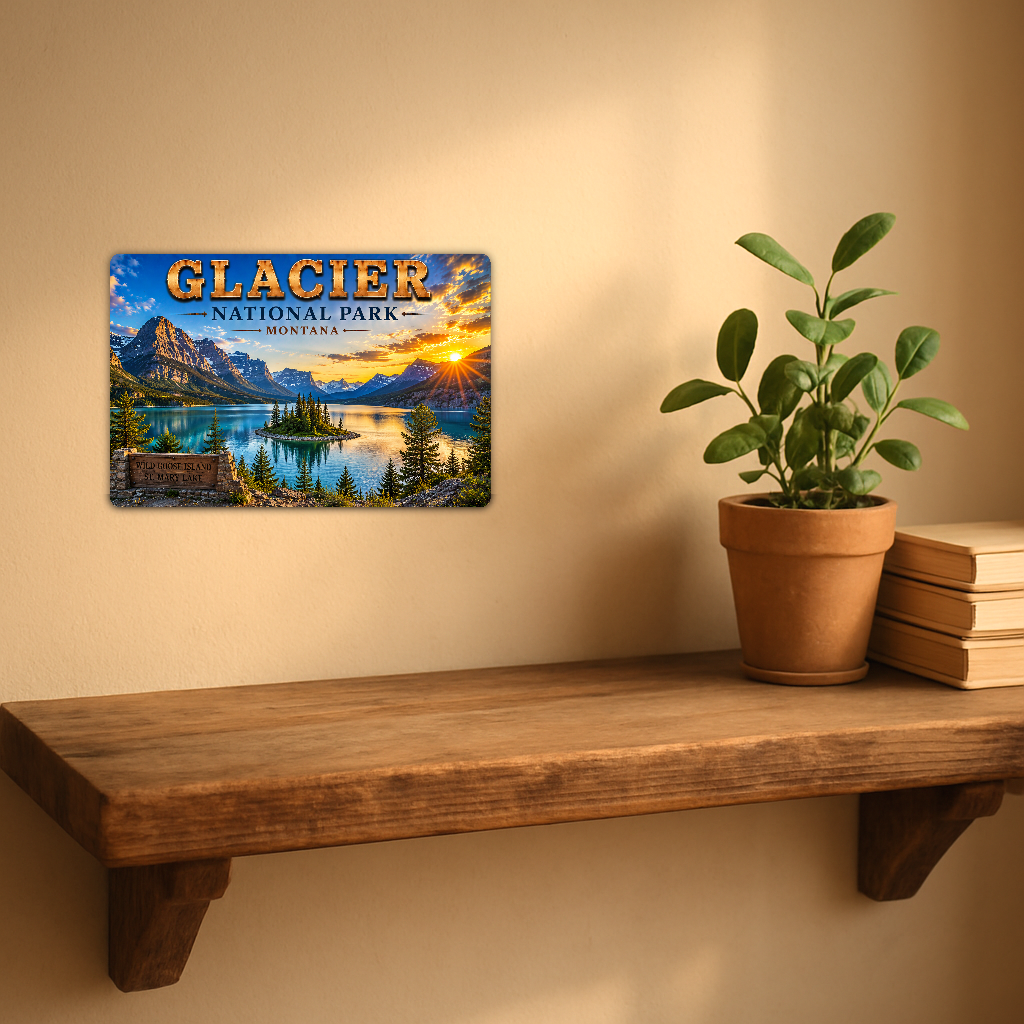 Sign showing Glacier Wild Goose Island St Mary Lake lettering and a pine-covered island in a mountain lake, displayed on a warm beige wall above a rustic shelf with a potted plant and books.