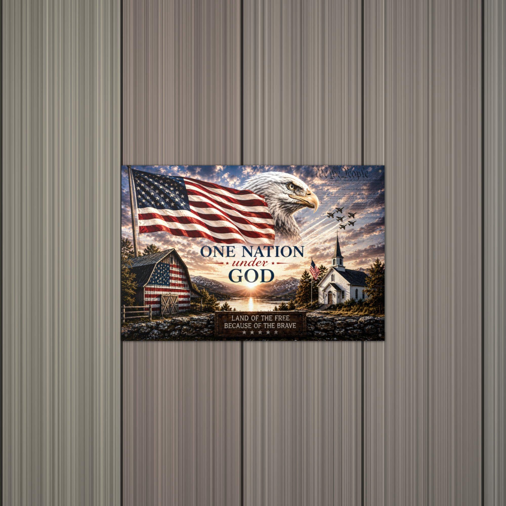 One Nation Under God Patriotic Metal Sign Aluminum Sign — lifestyle setting