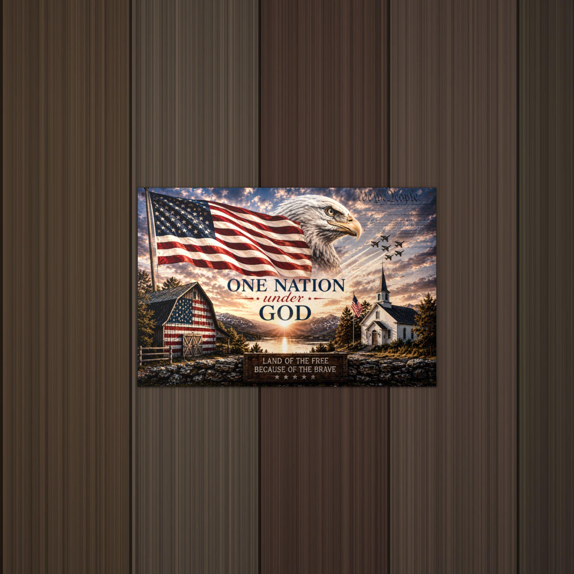 One Nation Under God Patriotic Metal Sign Aluminum Sign — detail view