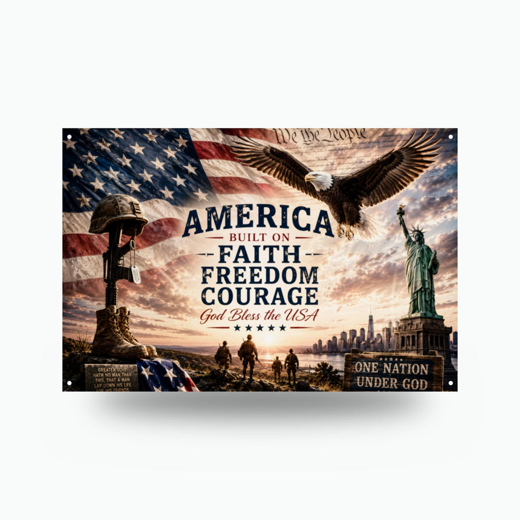 America Faith Freedom Courage Patriotic Metal Aluminum Sign — front view on white background