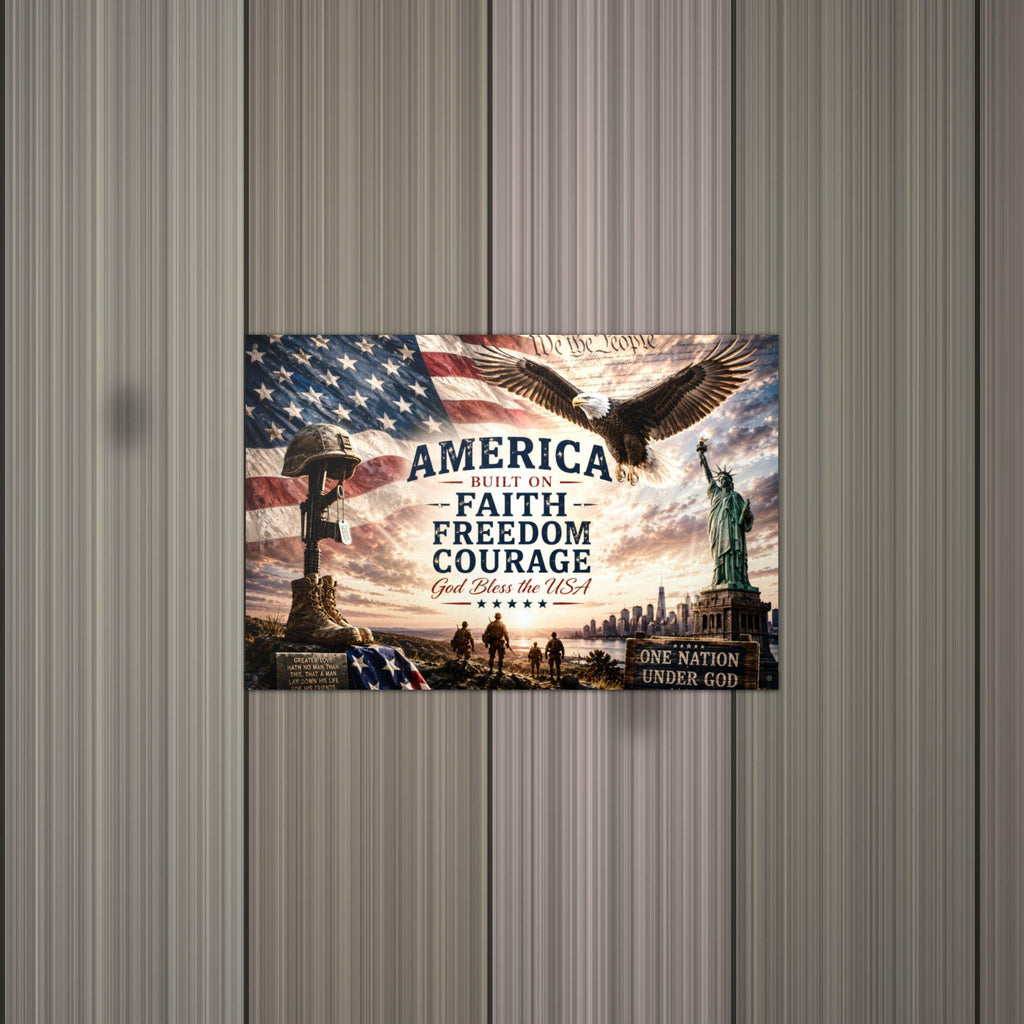 America Faith Freedom Courage Patriotic Metal Aluminum Sign — lifestyle setting