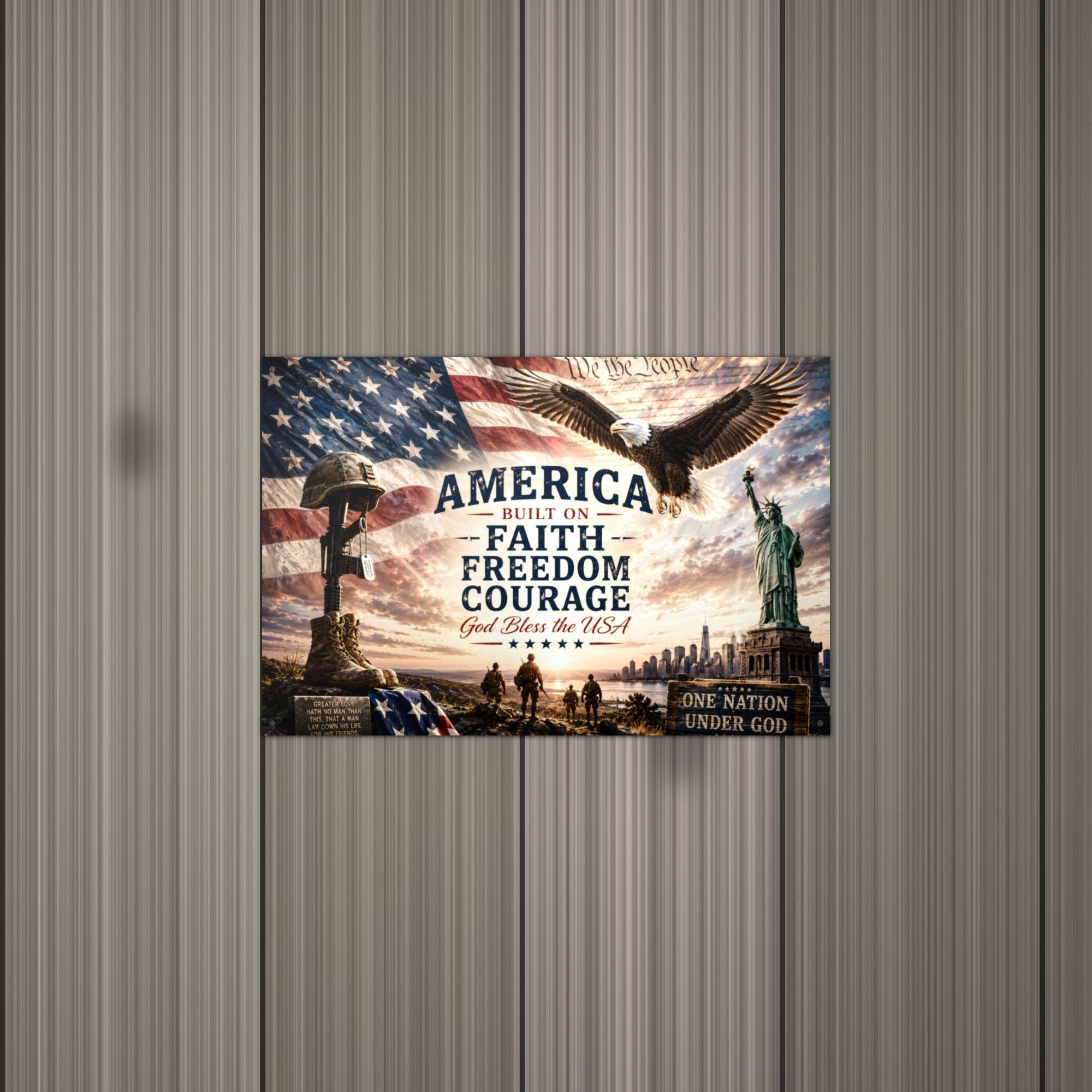America Faith Freedom Courage Patriotic Metal Aluminum Sign — lifestyle setting