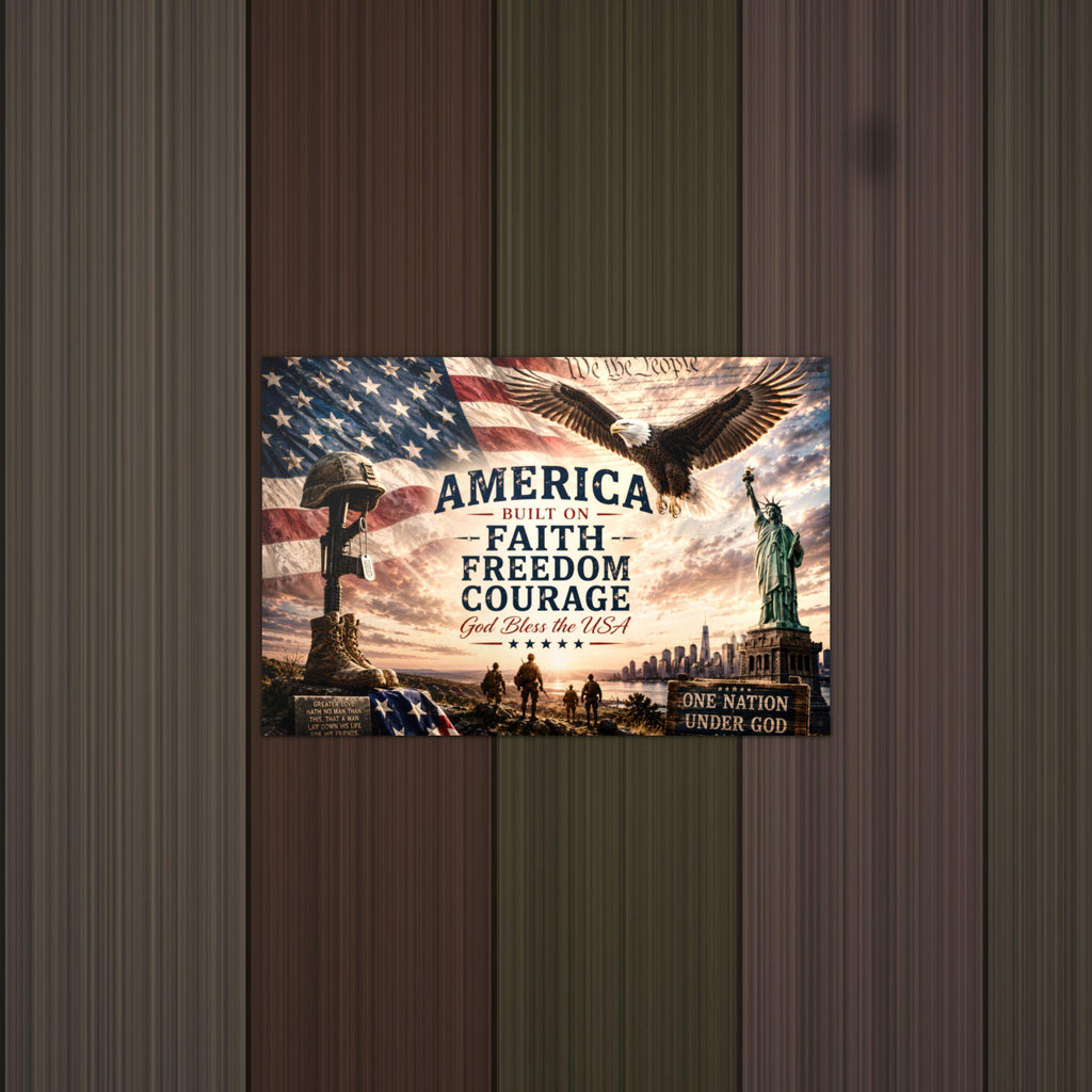 America Faith Freedom Courage Patriotic Metal Aluminum Sign — detail view