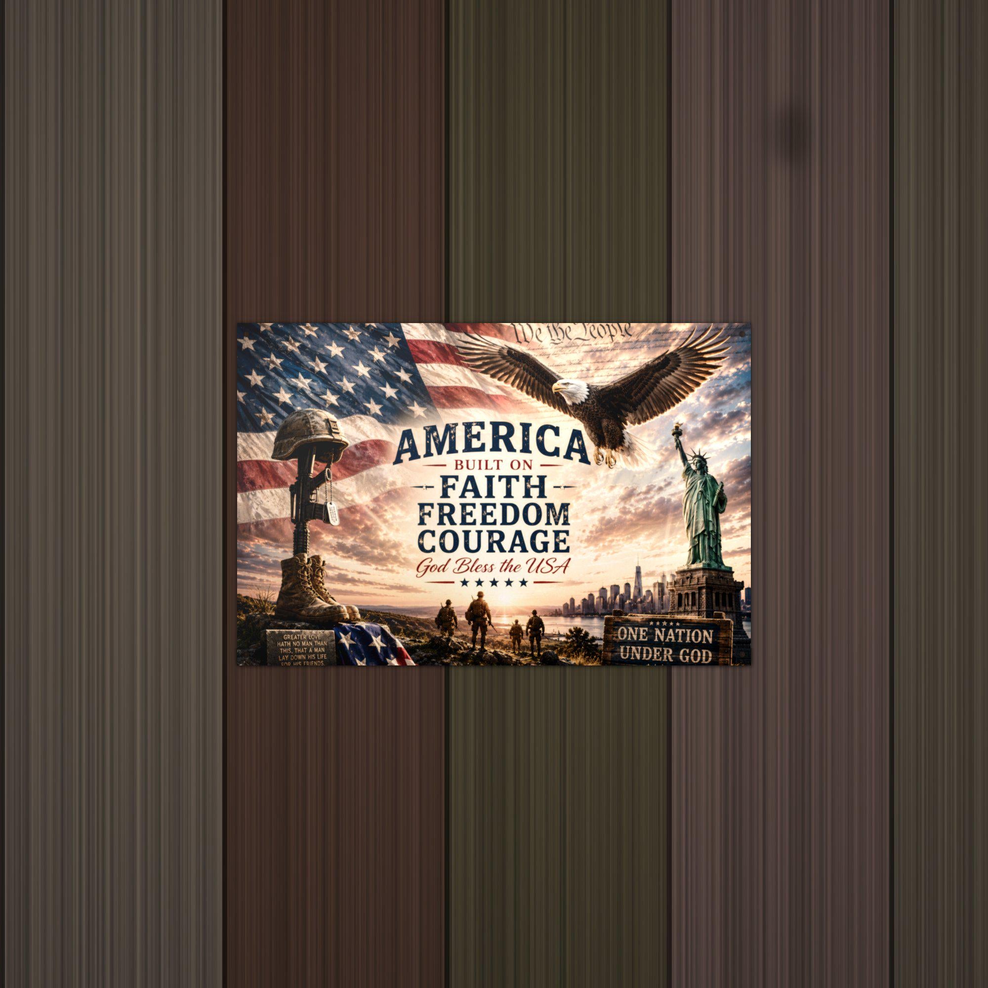 America Faith Freedom Courage Patriotic Metal Aluminum Sign — detail view