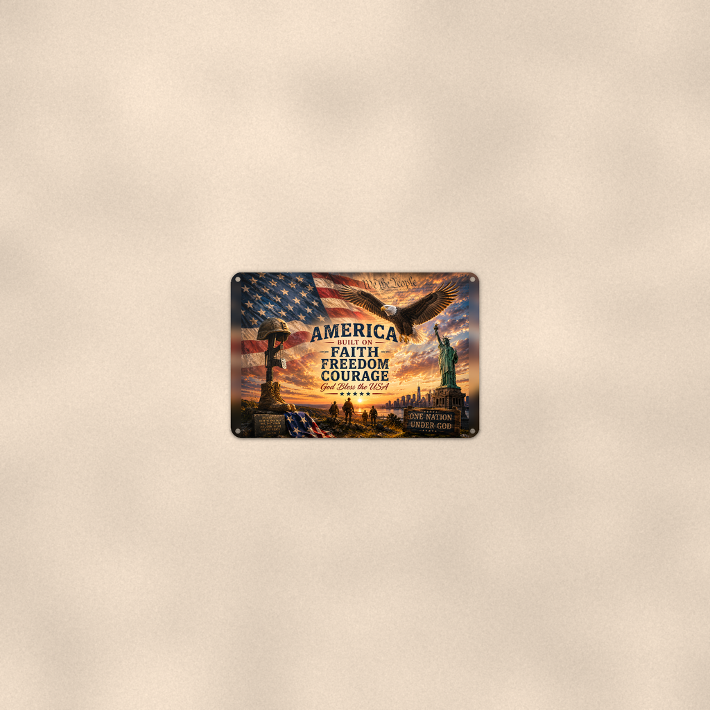 America Faith Freedom Courage Patriotic aluminum sign.