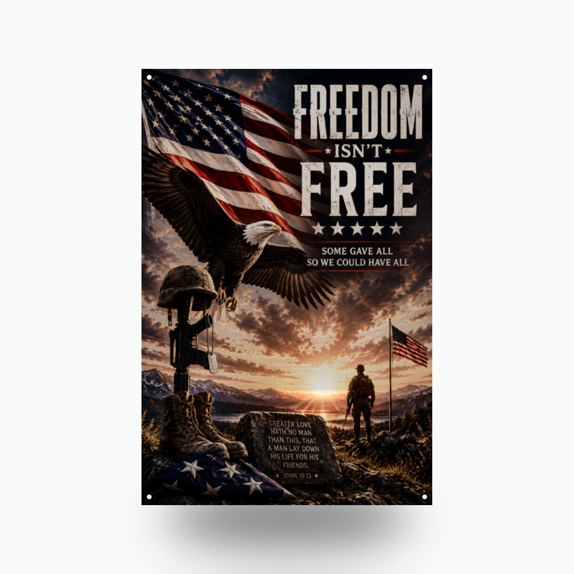 Freedom Isn't Free Eagle Sunset Patriotic Met Aluminum Sign — front view on white background