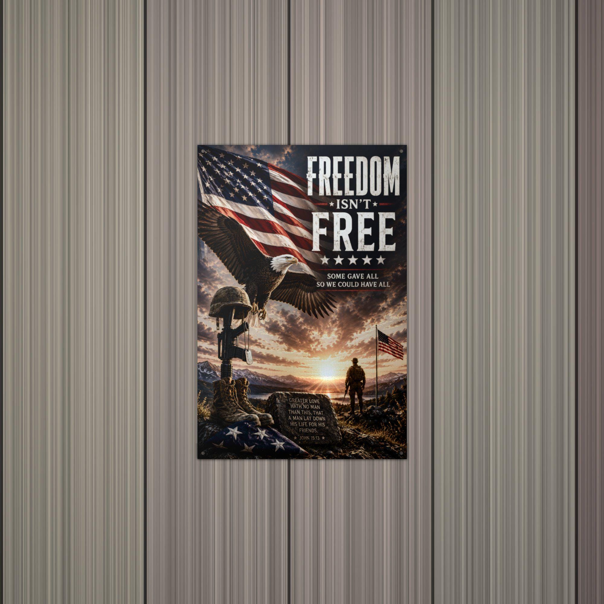 Freedom Isn't Free Eagle Sunset Patriotic Met Aluminum Sign — lifestyle setting