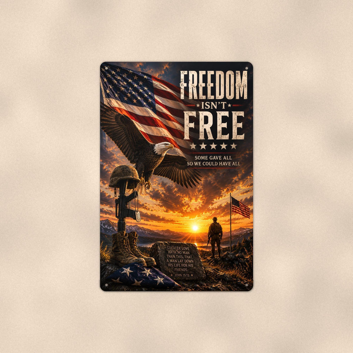 Freedom Isn’t Free Eagle Sunset Patriotic on a sublimated 8 x 12 in aluminum sign, shown whole against a plain wall — wall decor, handmade gift.