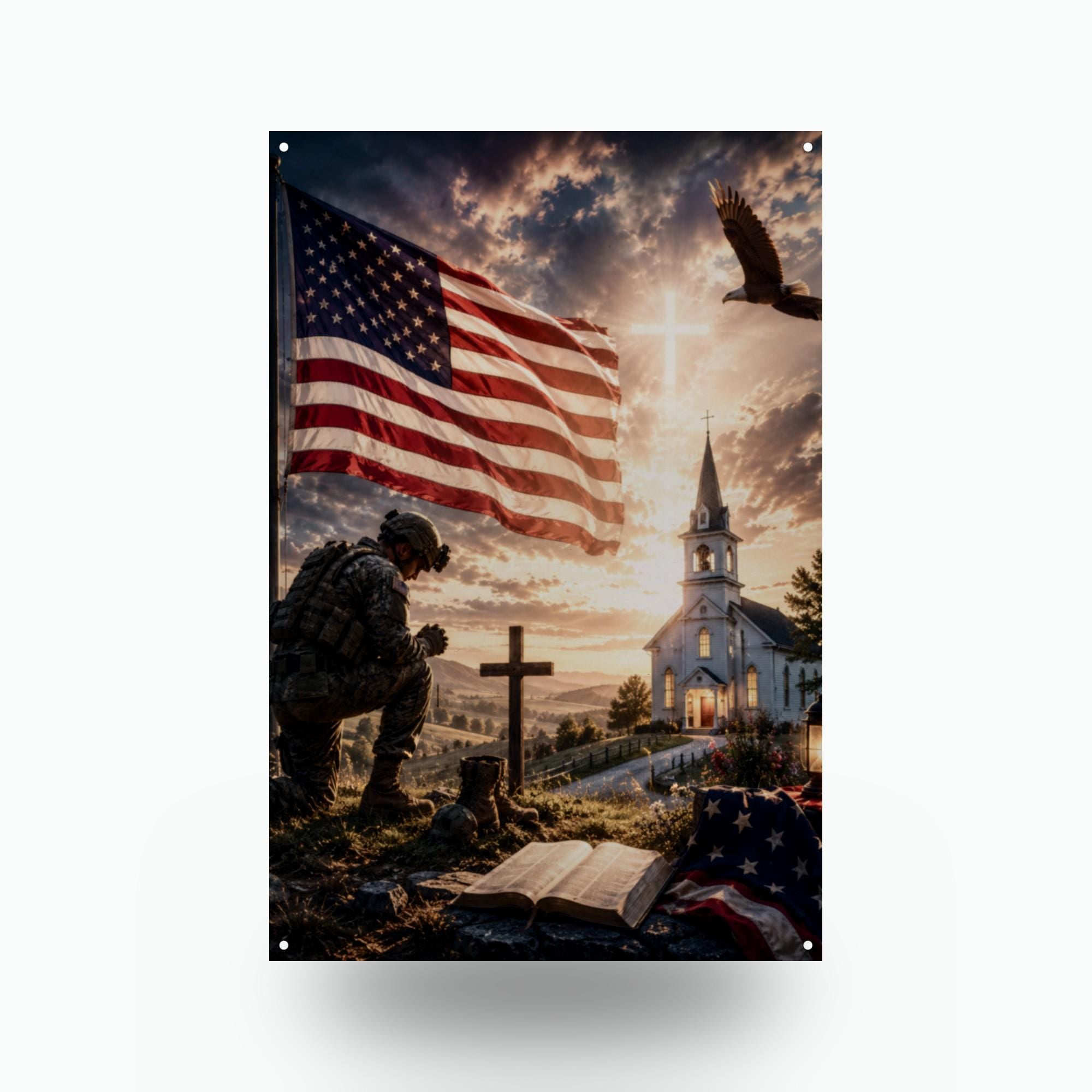 Soldier at the Church Cross Patriotic Metal S Aluminum Sign — front view on white background