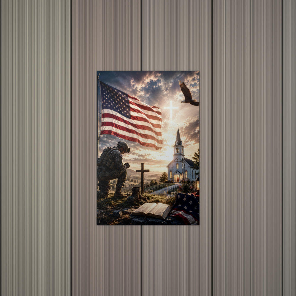 Soldier at the Church Cross Patriotic Metal S Aluminum Sign — lifestyle setting