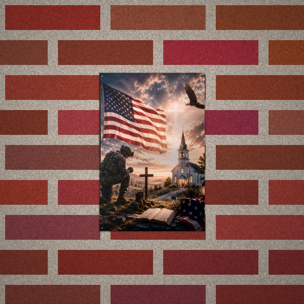 Soldier at the Church Cross Patriotic Metal S Aluminum Sign — alternate angle