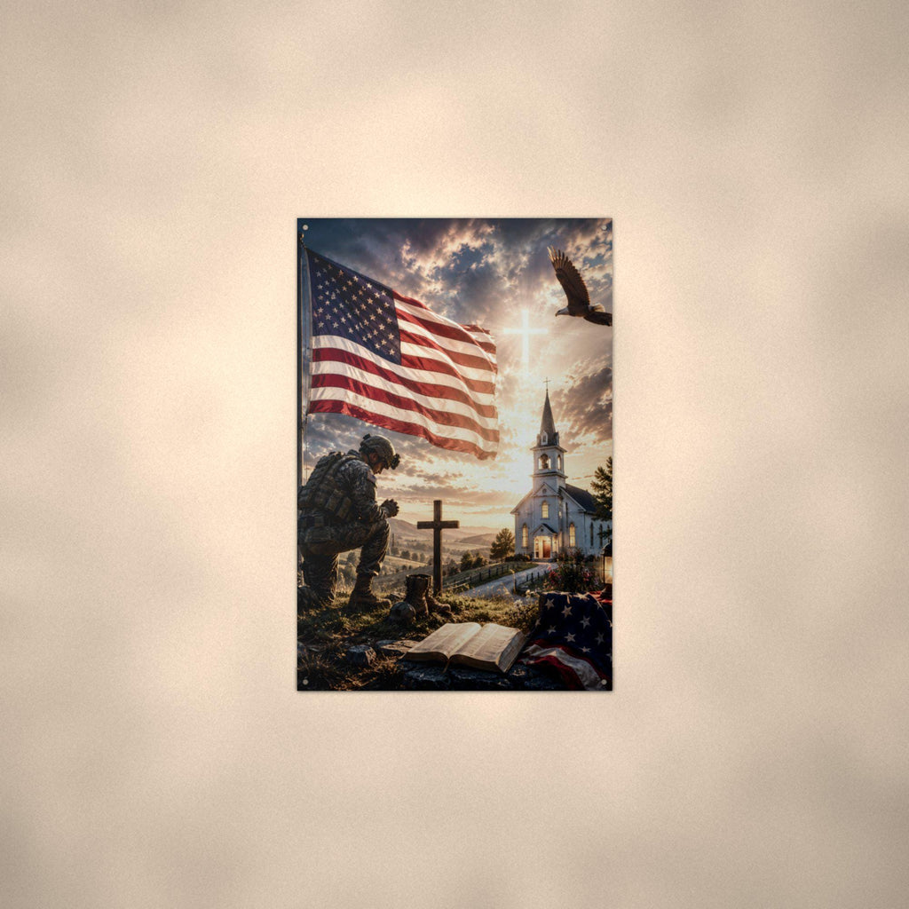 Soldier at the Church Cross Patriotic Metal S Aluminum Sign — alternate angle