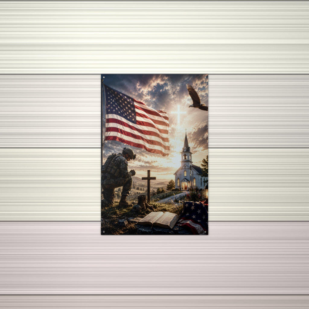 Soldier at the Church Cross Patriotic Metal S Aluminum Sign — alternate angle