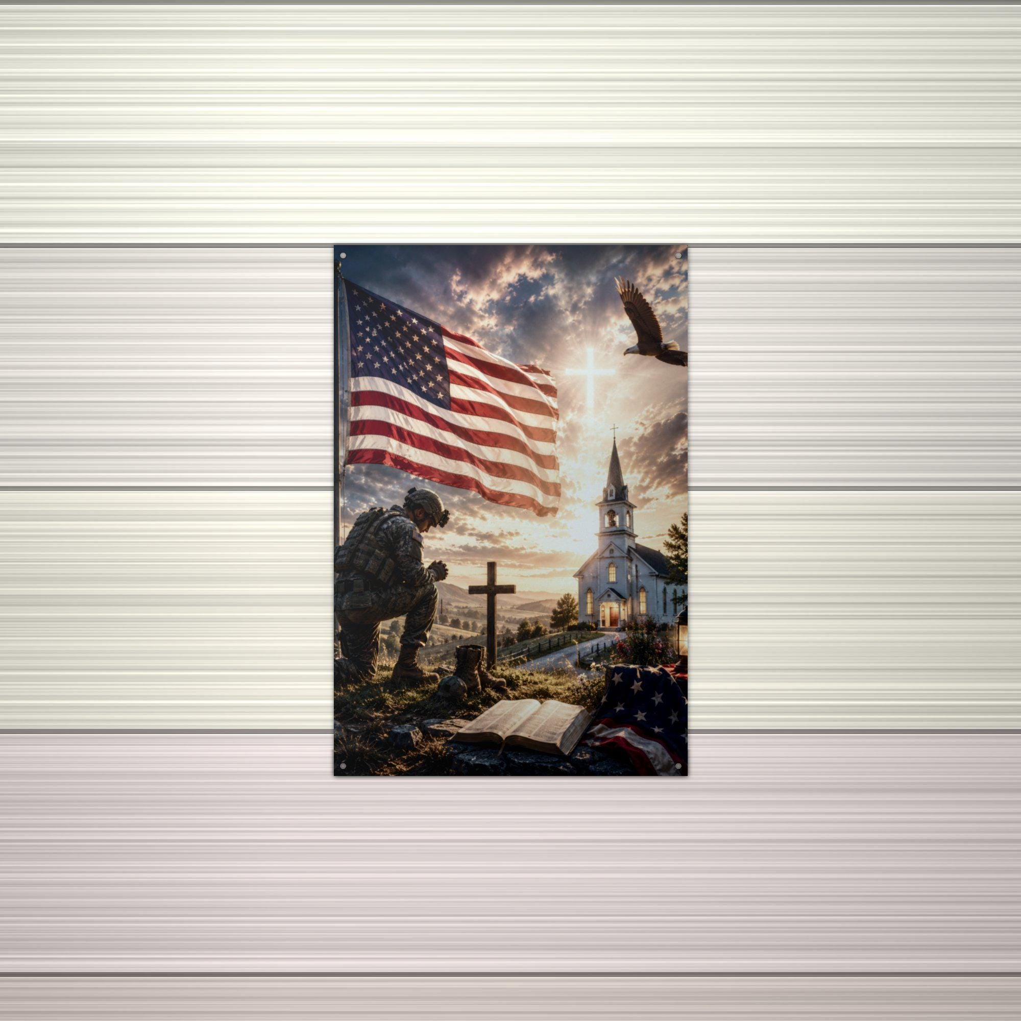 Soldier at the Church Cross Patriotic Metal S Aluminum Sign — alternate angle