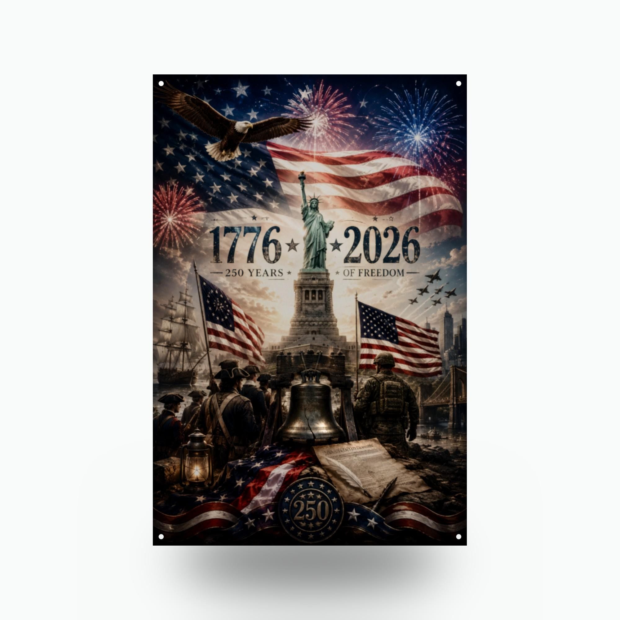 1776-2026 250 Years of Freedom Patriotic Meta Aluminum Sign — front view on white background