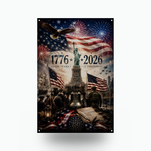 1776-2026 250 Years of Freedom Patriotic Meta Aluminum Sign — front view on white background