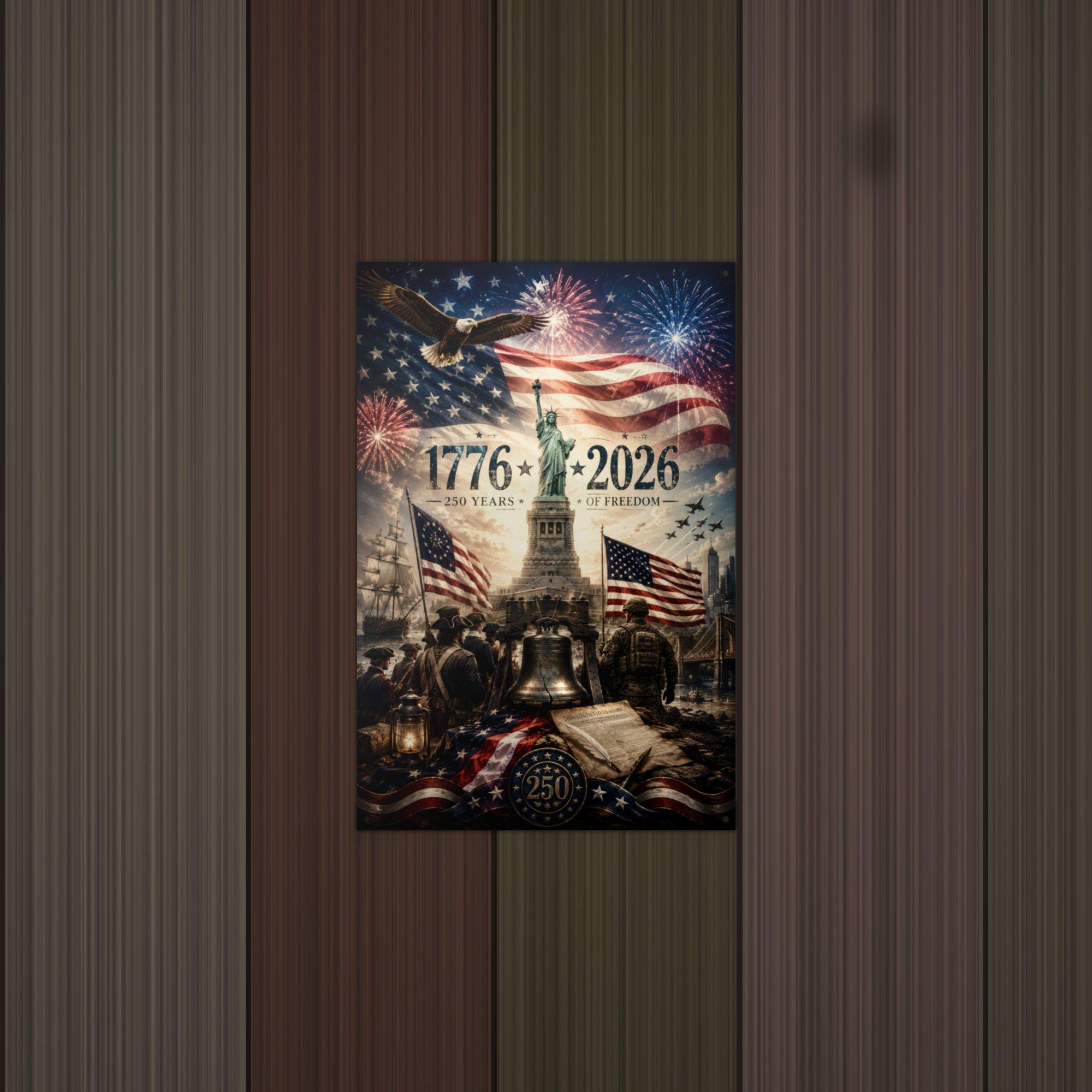 1776-2026 250 Years of Freedom Patriotic Meta Aluminum Sign — detail view
