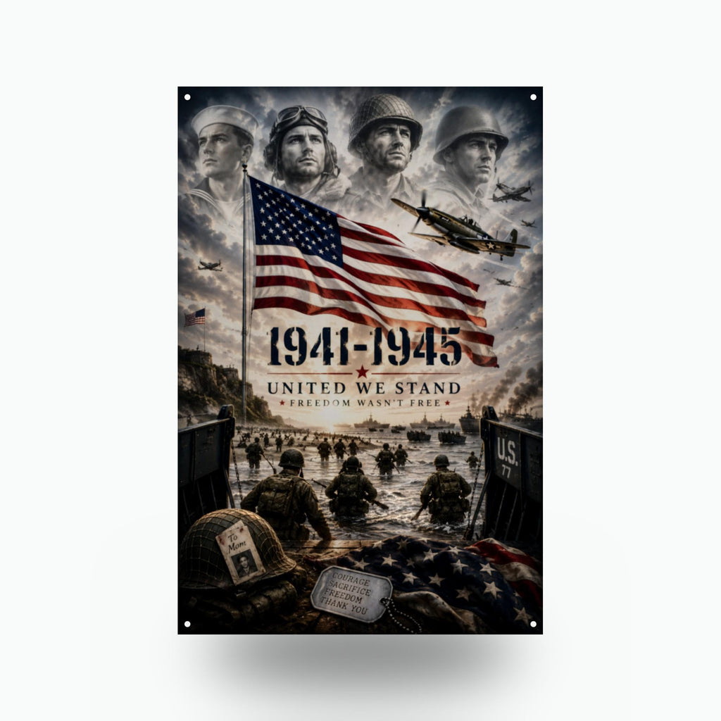 World War II United We Stand Patriotic Metal  Aluminum Sign — front view on white background