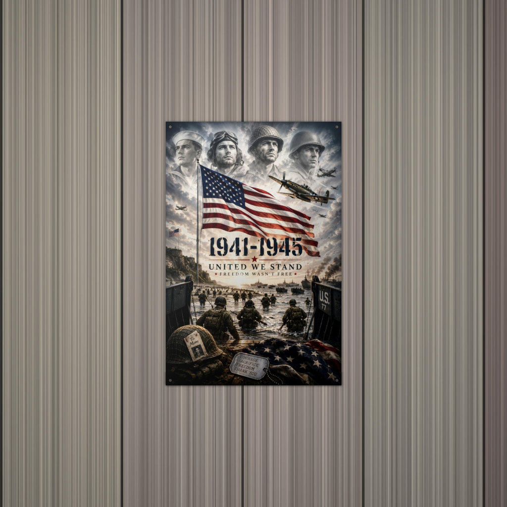 World War II United We Stand Patriotic Metal  Aluminum Sign — lifestyle setting