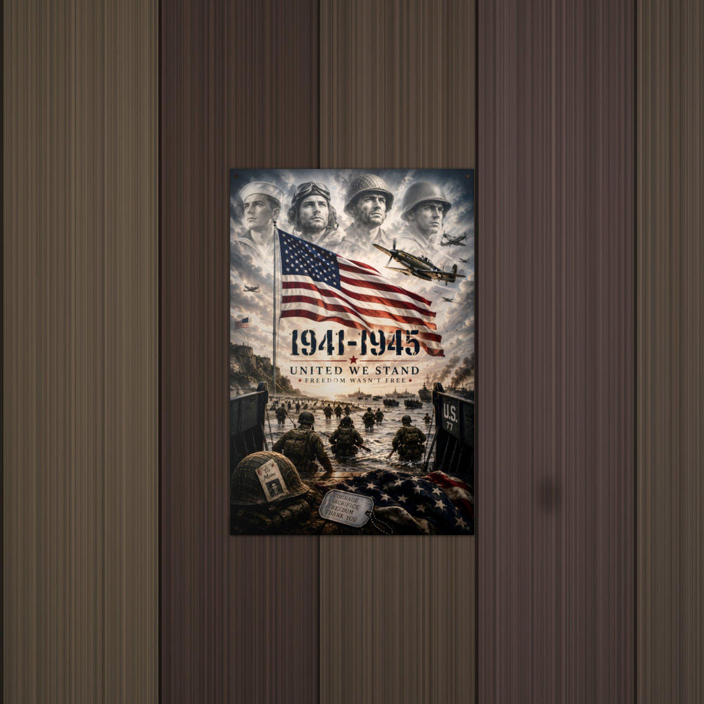 World War II United We Stand Patriotic Metal  Aluminum Sign — detail view