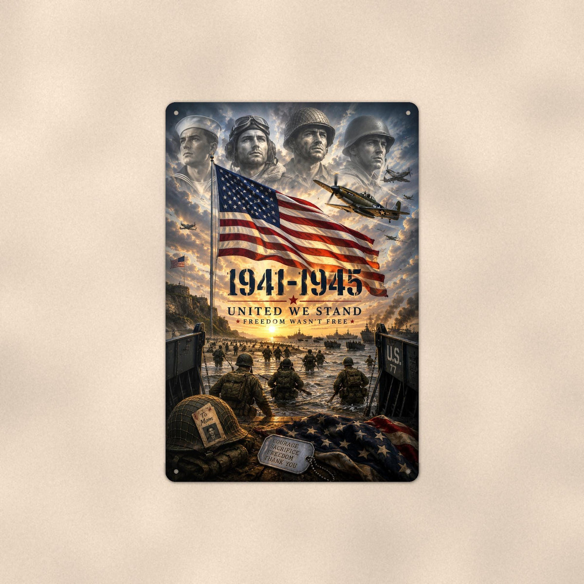 World War II United We Stand Patriotic on a sublimated 8 x 12 in aluminum sign, shown whole against a plain wall — wall decor, handmade gift.