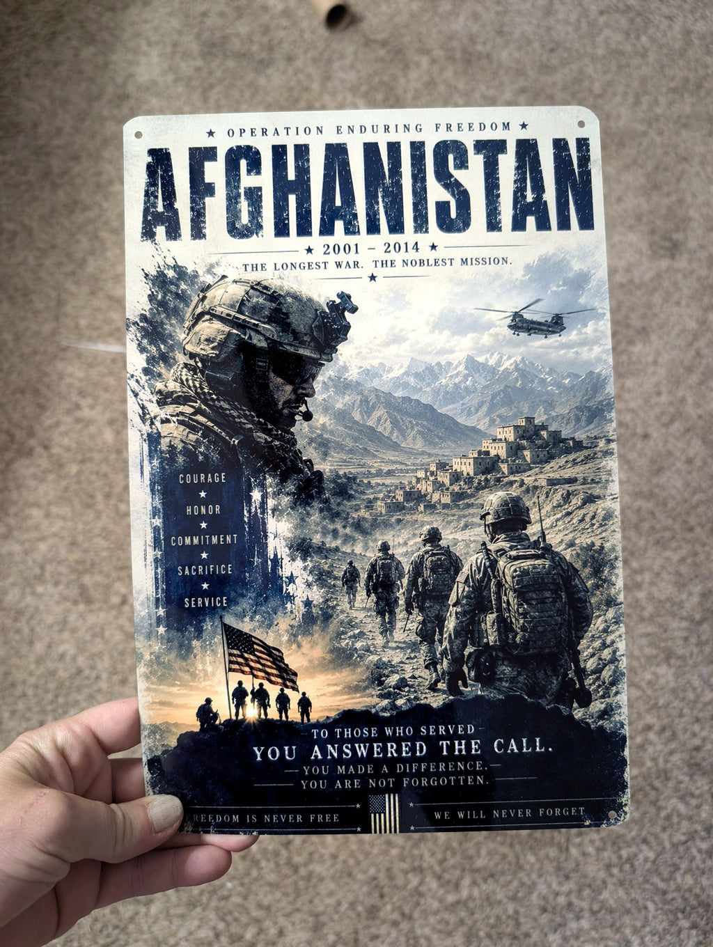 Real photo of the Afghanistan 2001-2014 patriotic aluminum sign held in hand, actual product