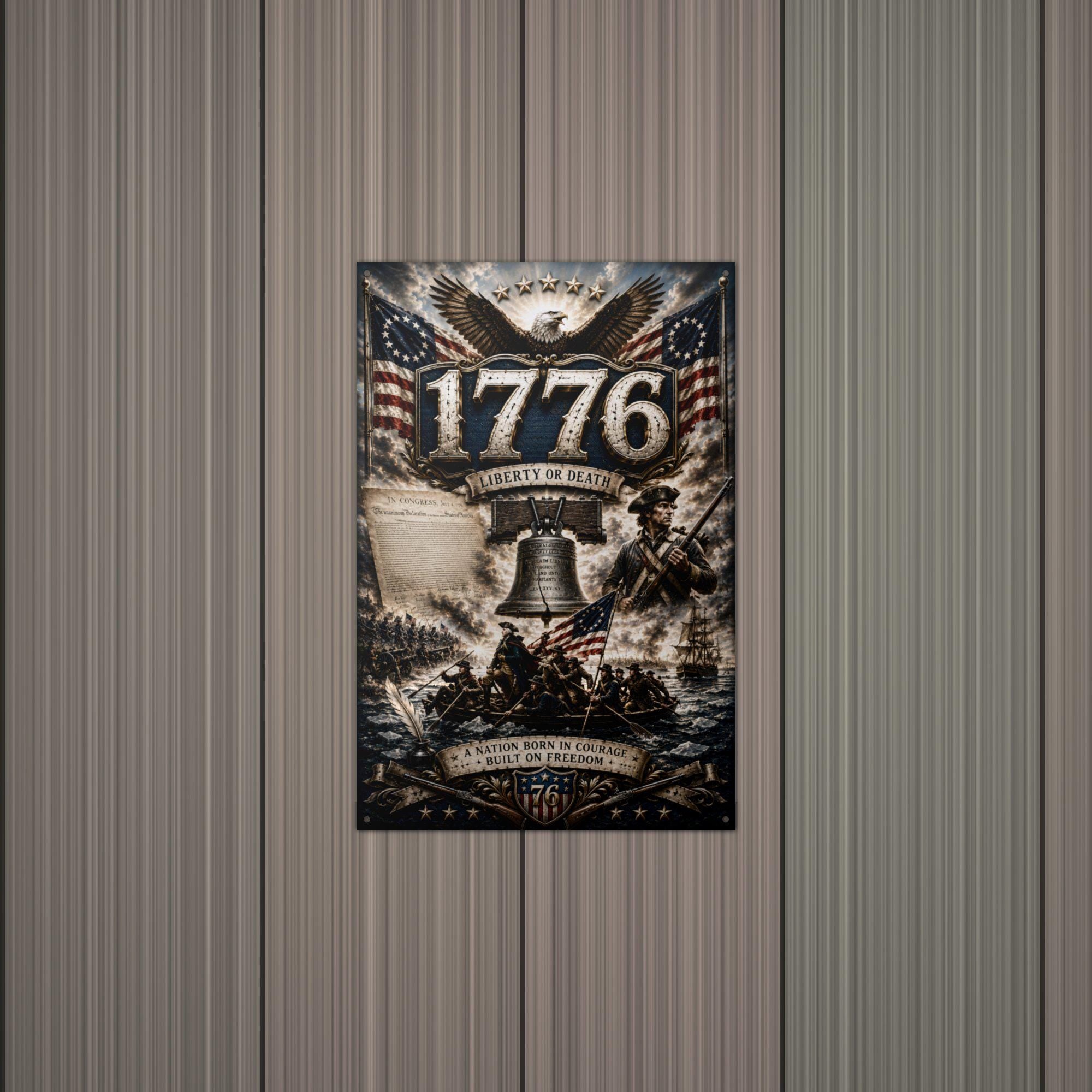 1776 Liberty or Death Patriotic Metal Sign Aluminum Sign — lifestyle setting