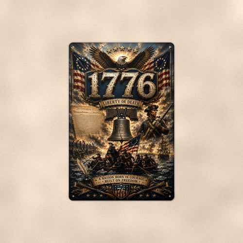 1776 Liberty or Death Patriotic on a sublimated 8 x 12 in aluminum sign, shown whole against a plain wall — wall decor, handmade gift.