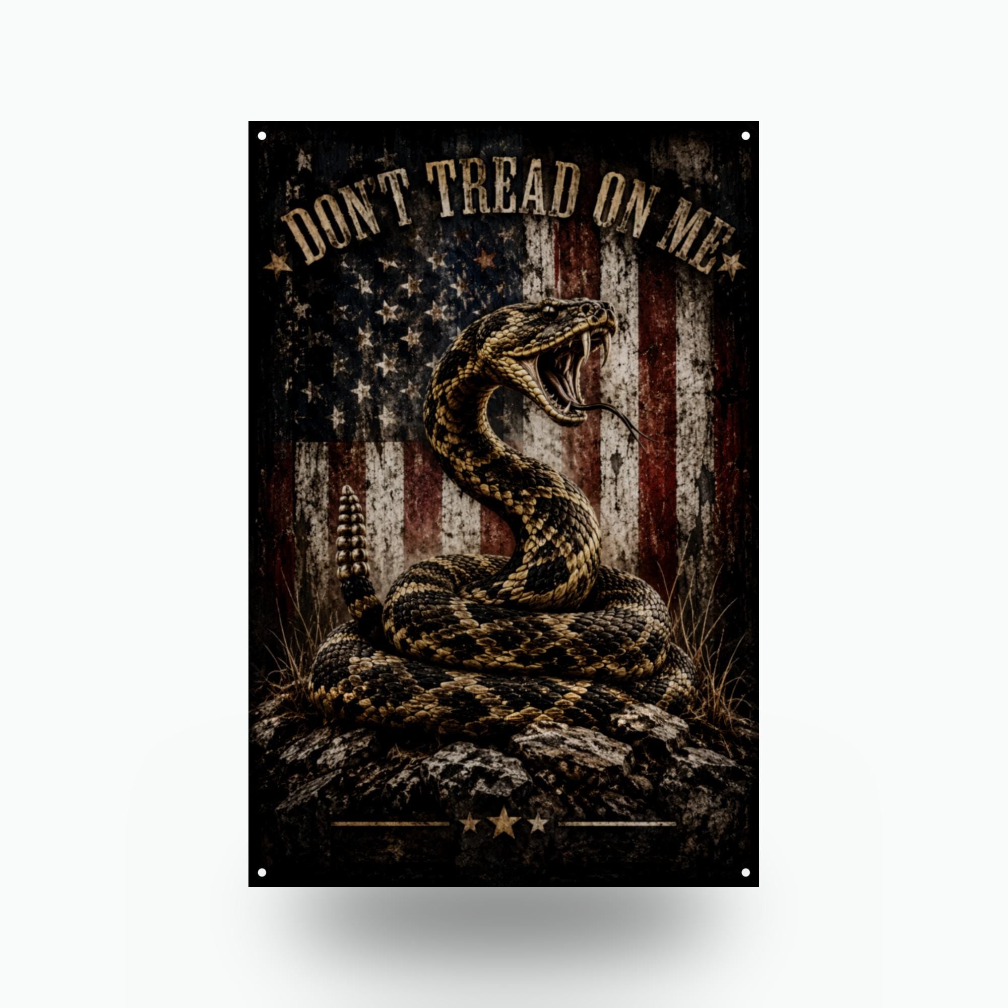 Don't Tread On Me Snake and Flag Patriotic Me Aluminum Sign — front view on white background