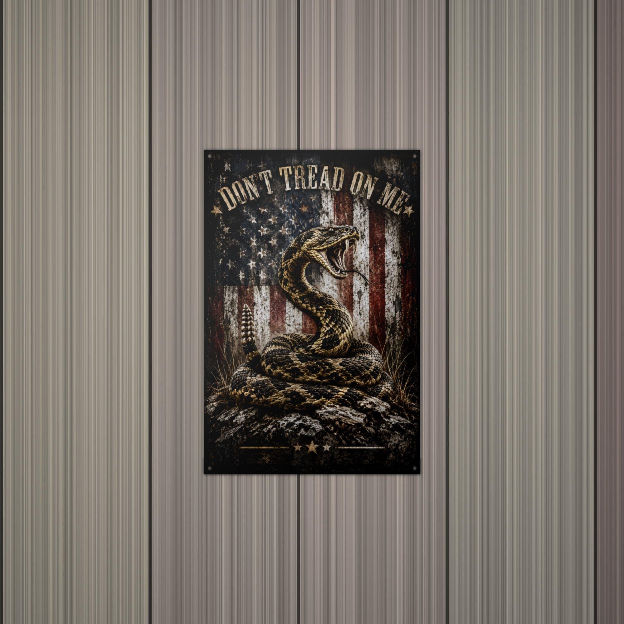 Don't Tread On Me Snake and Flag Patriotic Me Aluminum Sign — lifestyle setting