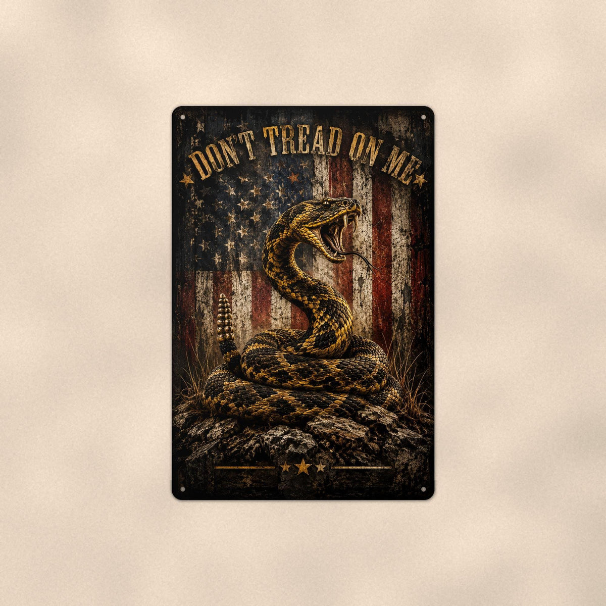 Don’t Tread On Me Snake and Flag Patriotic on a sublimated 8 x 12 in aluminum sign, shown whole against a plain wall — wall decor, handmade gift.