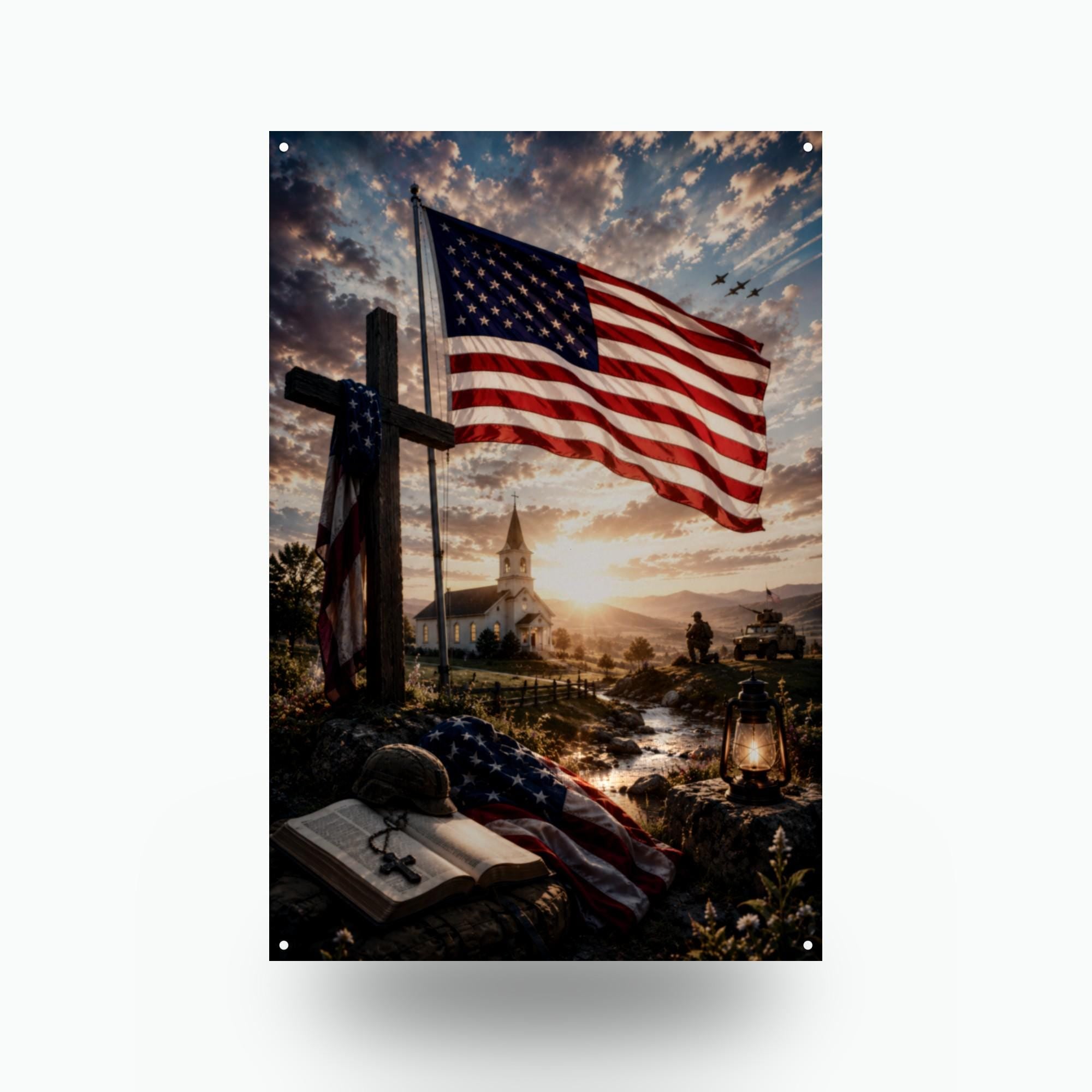 Flag and Cross Memorial Patriotic Metal Sign Aluminum Sign — front view on white background