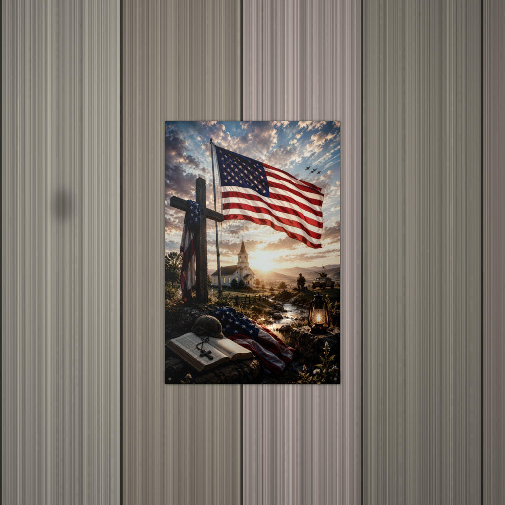 Flag and Cross Memorial Patriotic Metal Sign Aluminum Sign — lifestyle setting