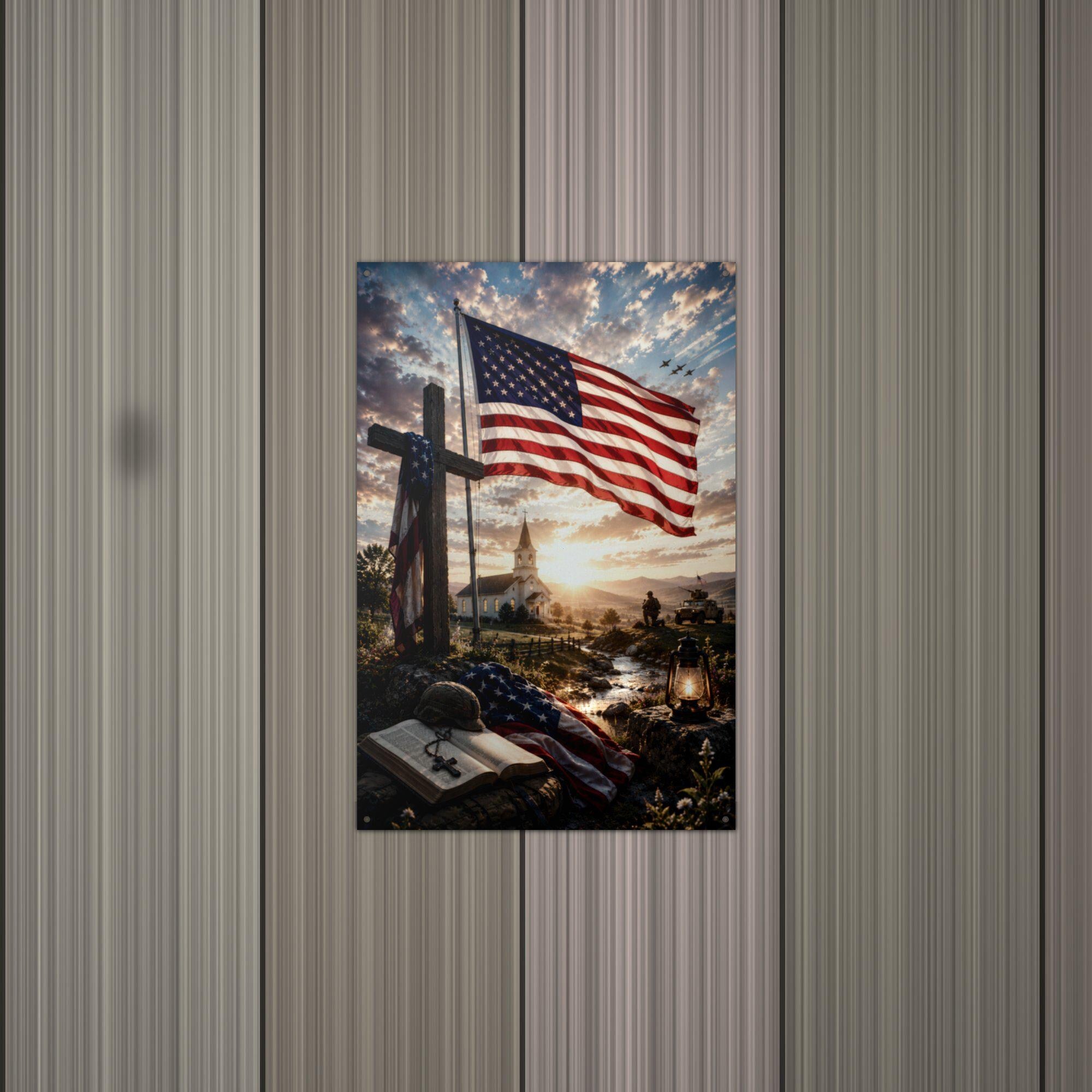Flag and Cross Memorial Patriotic Metal Sign Aluminum Sign — lifestyle setting
