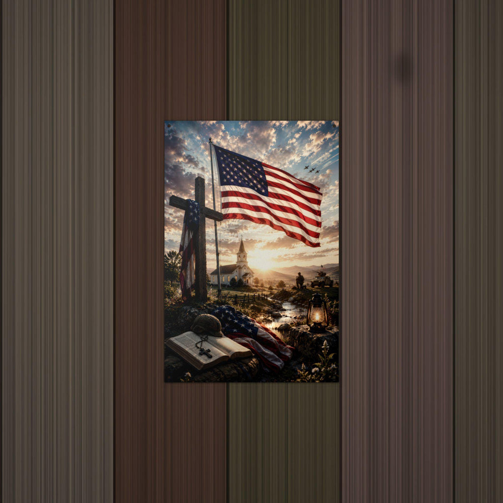 Flag and Cross Memorial Patriotic Metal Sign Aluminum Sign — detail view