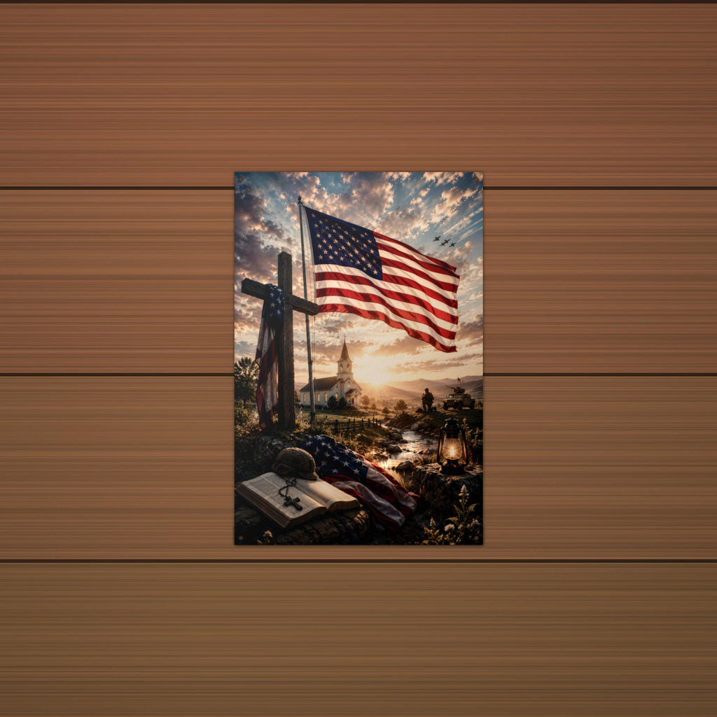 Flag and Cross Memorial Patriotic Metal Sign Aluminum Sign — alternate angle