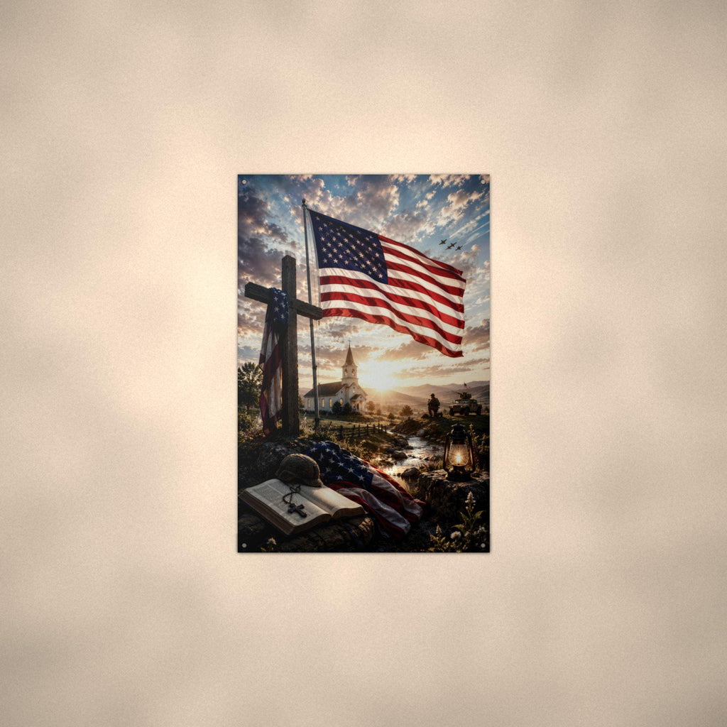 Flag and Cross Memorial Patriotic Metal Sign Aluminum Sign — alternate angle