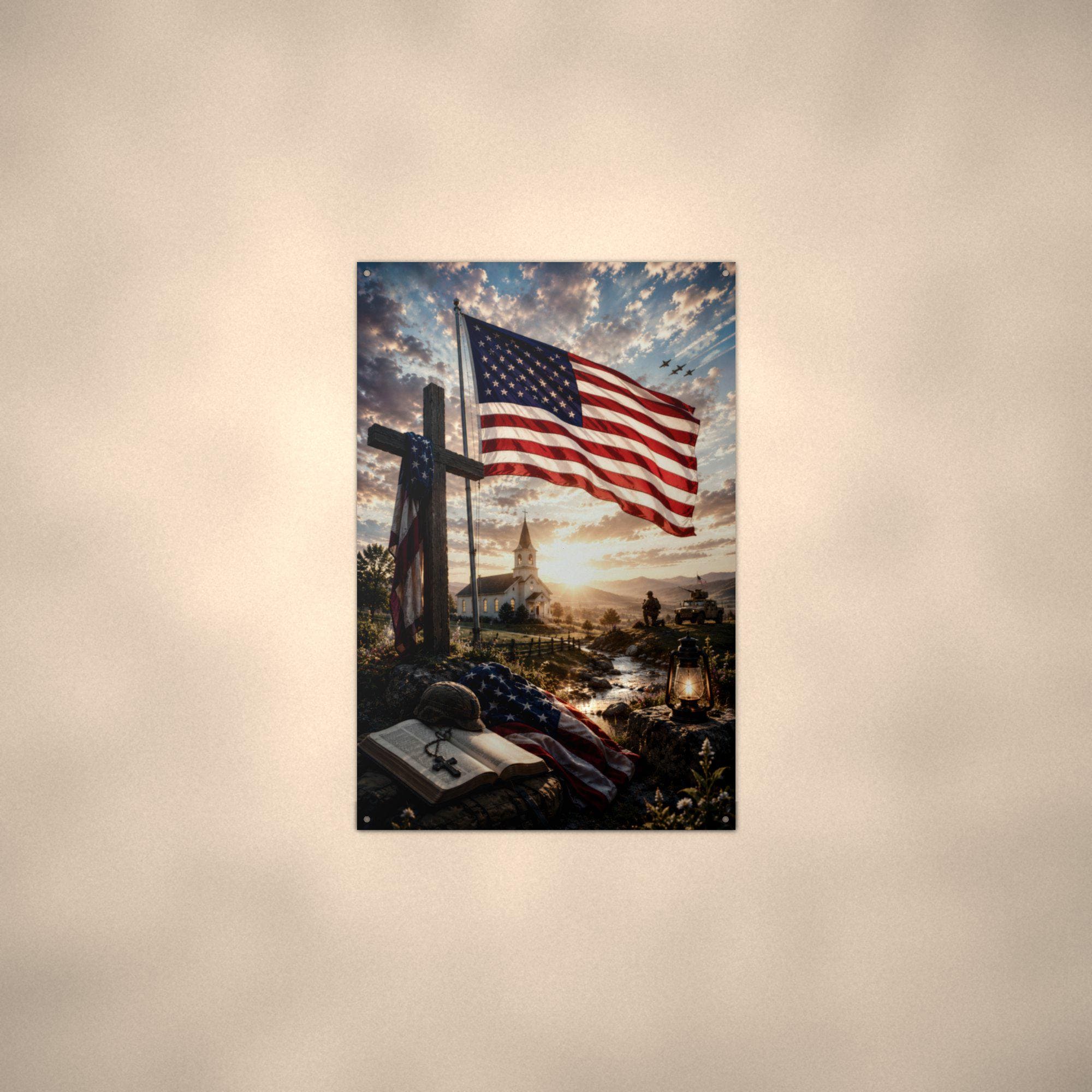 Flag and Cross Memorial Patriotic Metal Sign Aluminum Sign — alternate angle