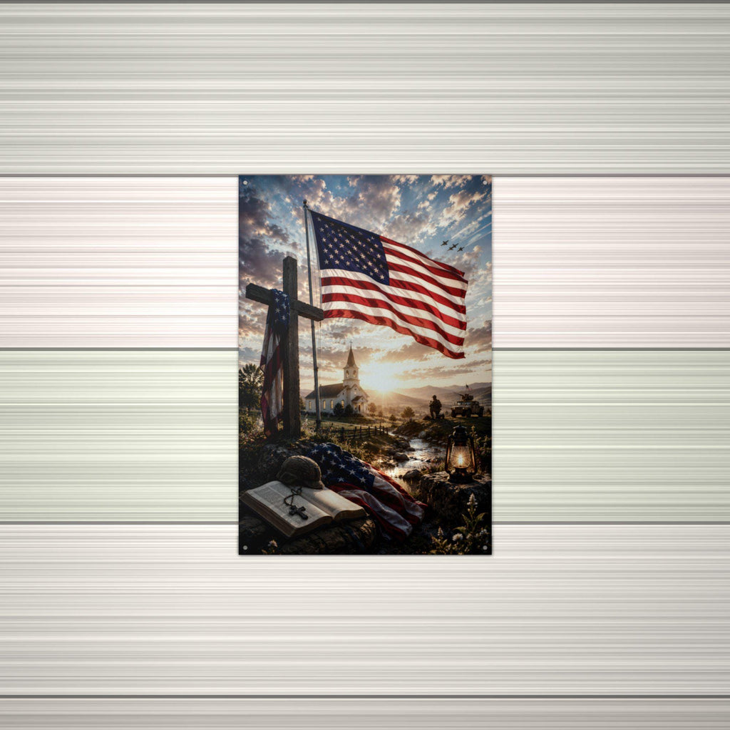 Flag and Cross Memorial Patriotic Metal Sign Aluminum Sign — alternate angle