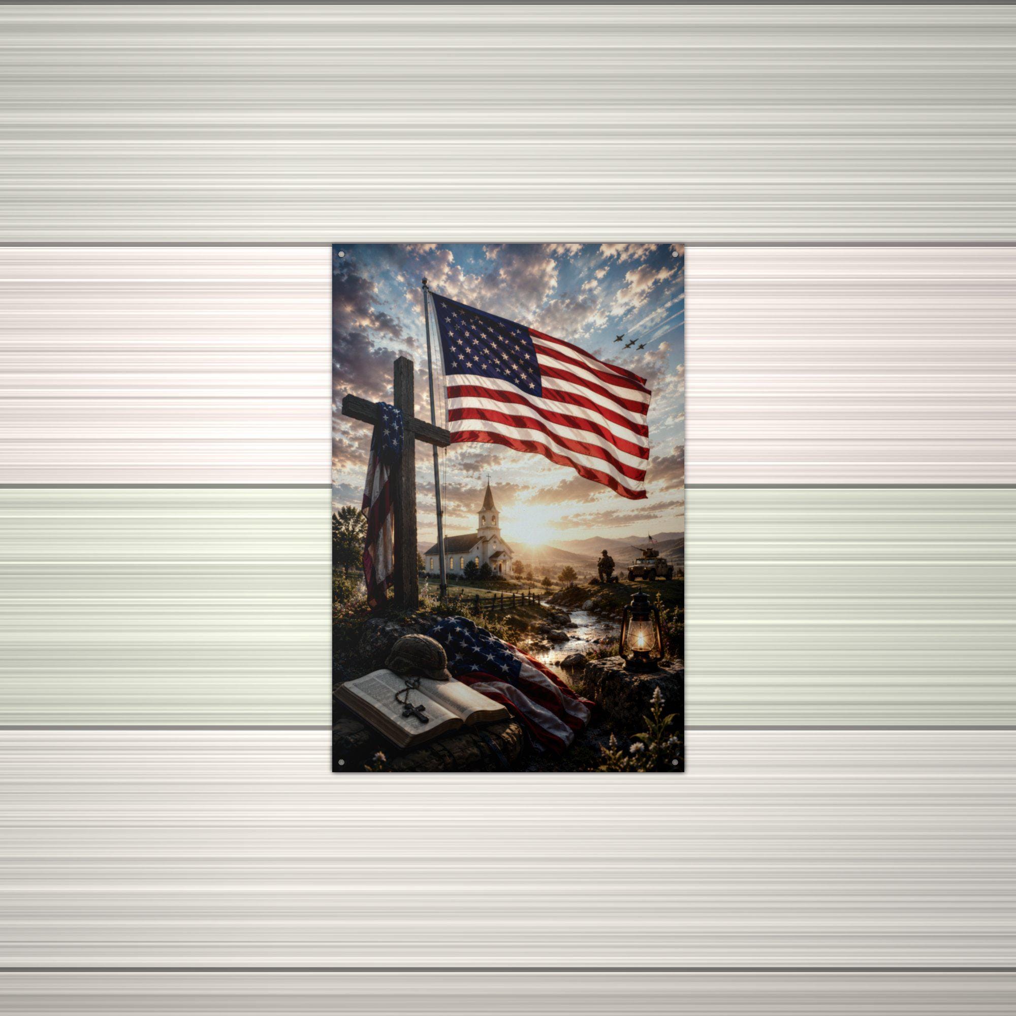 Flag and Cross Memorial Patriotic Metal Sign Aluminum Sign — alternate angle