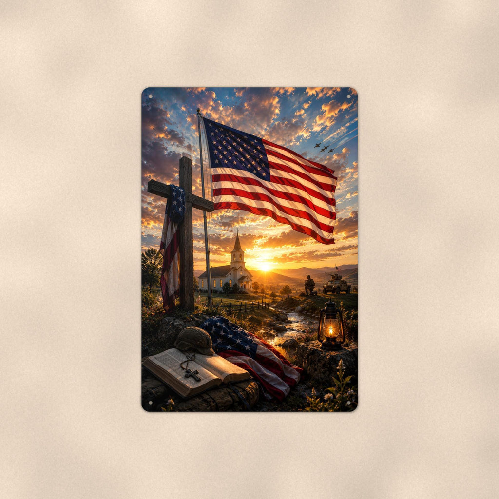 Flag and Cross Memorial Patriotic on a sublimated 8 x 12 in aluminum sign, shown whole against a plain wall — wall decor, handmade gift.