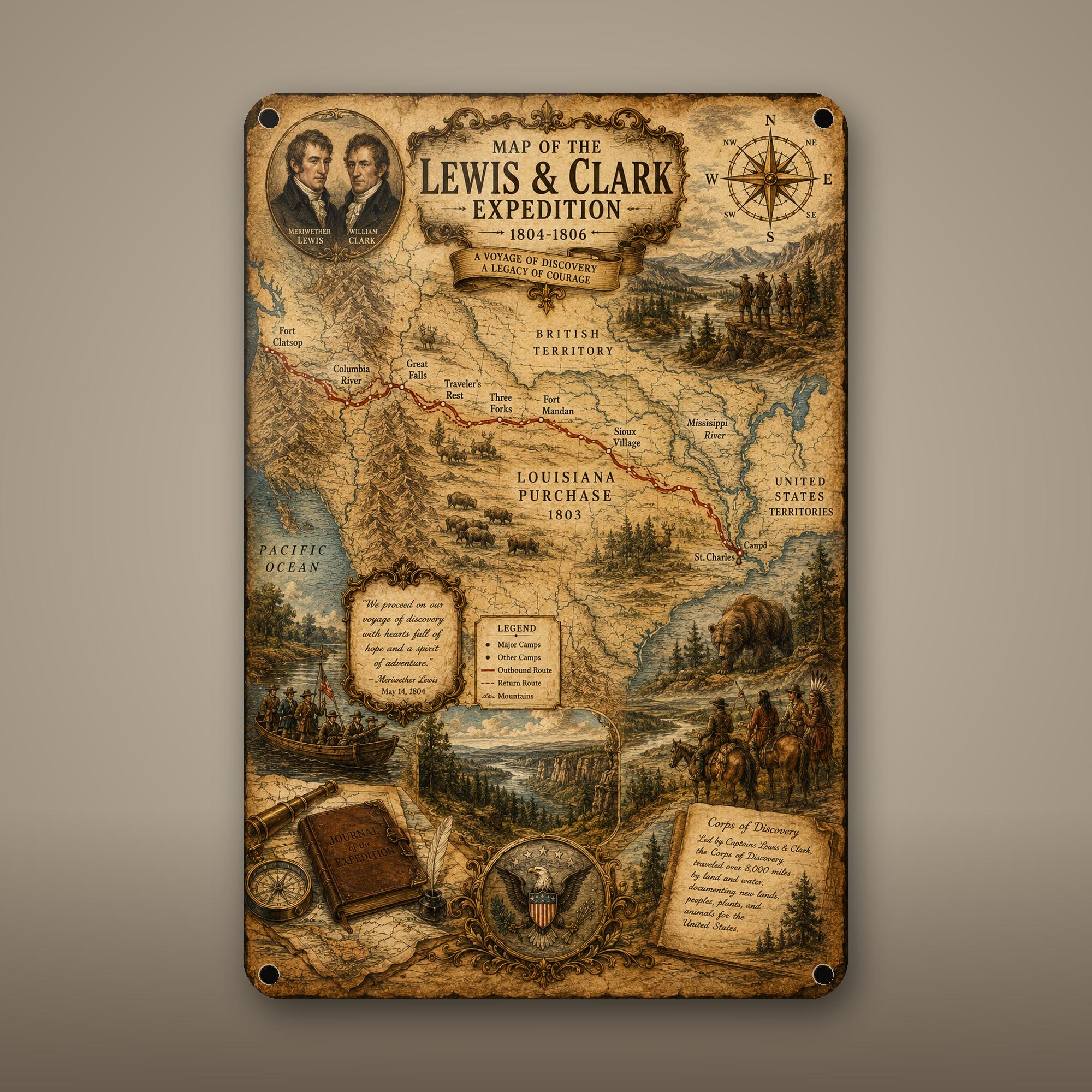 Lewis and Clark Map Aluminum Sign Aluminum Sign — front view on white background