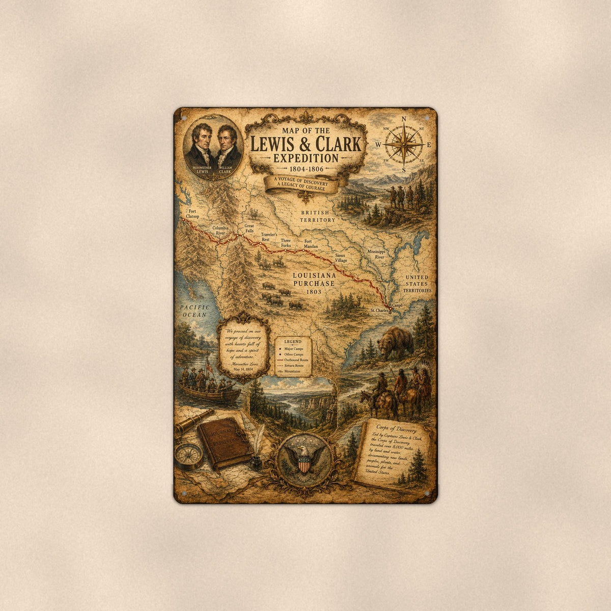 Lewis and Clark Map on a sublimated 8 x 12 in aluminum sign, shown whole against a plain wall — wall decor, handmade gift.