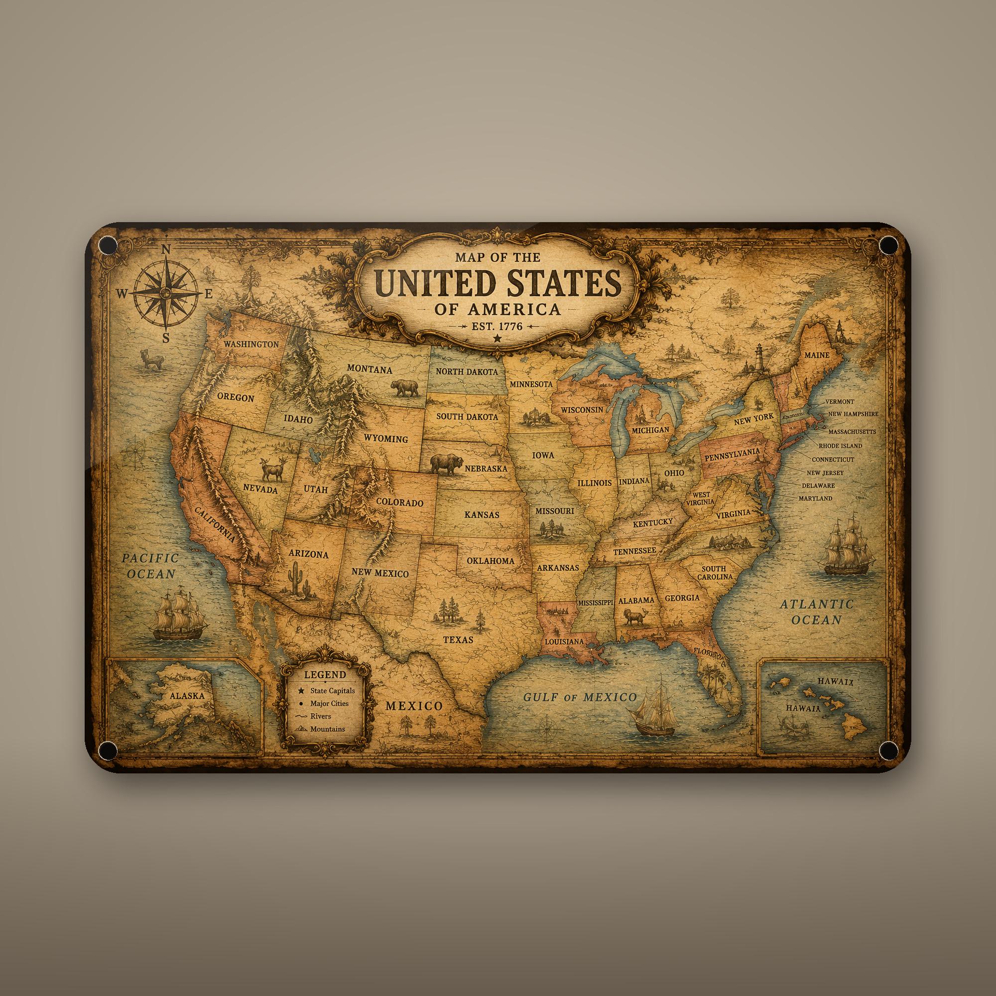 Vintage United States Map Aluminum Sign Aluminum Sign — front view on white background