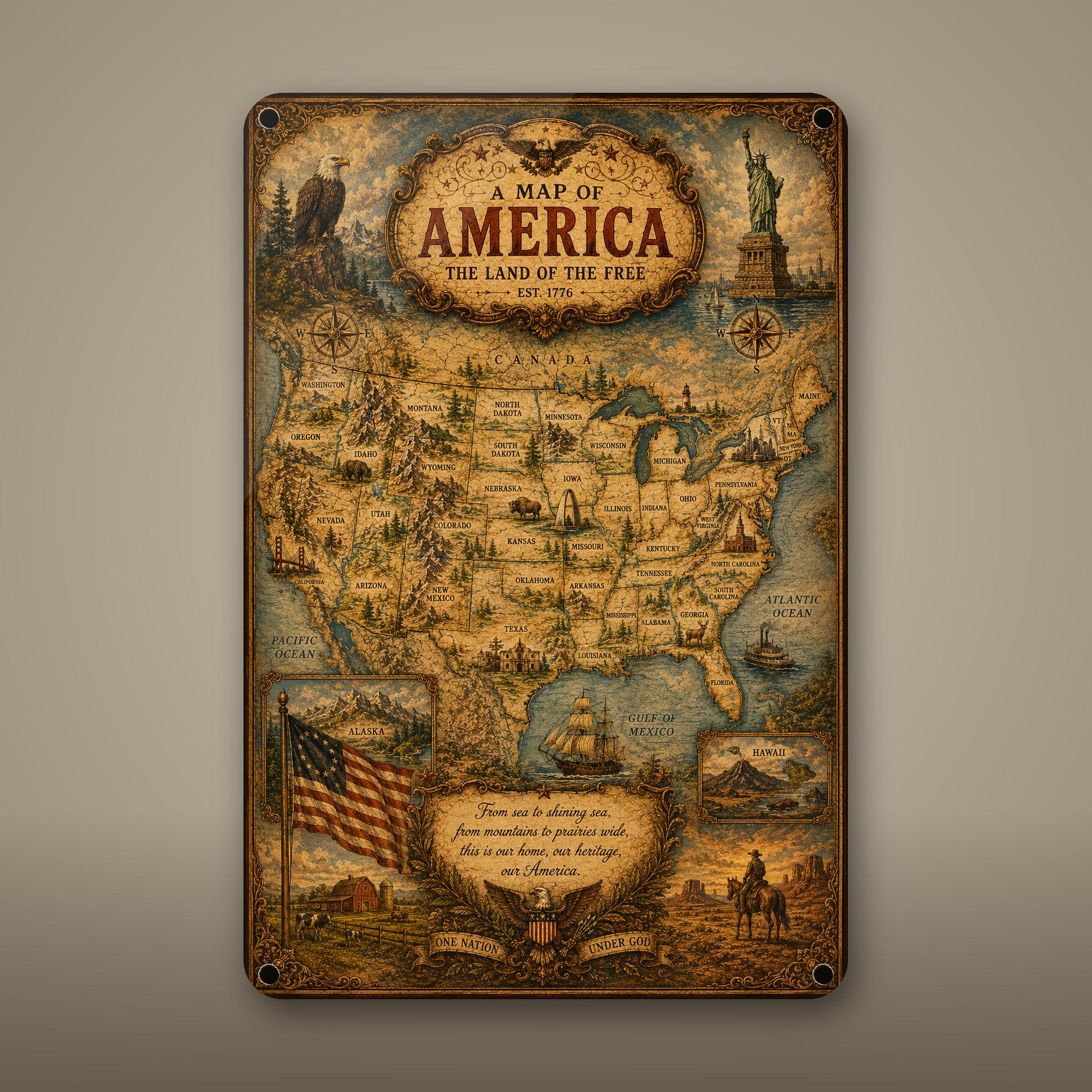 Vintage Map of America Aluminum Sign Aluminum Sign — front view on white background