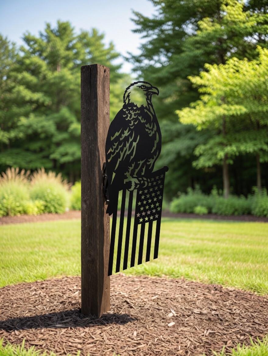 Eagle American Flag Garden Stake Metal Garden Stake — lifestyle setting